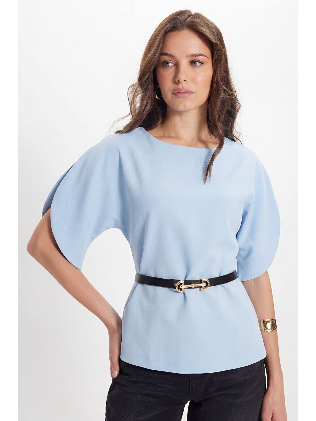 Kadın Slim Fit Dar Kesim Kol Detaylı İnce Kemerli Fermuarlı Mavi Bluz