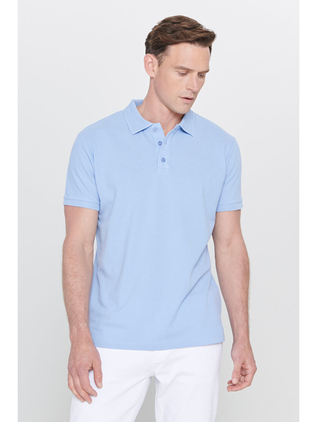 Erkek Açık Mavi Slim Fit Dar Kesim Polo Yaka %100 Pamuk Kısa Kollu Tişört