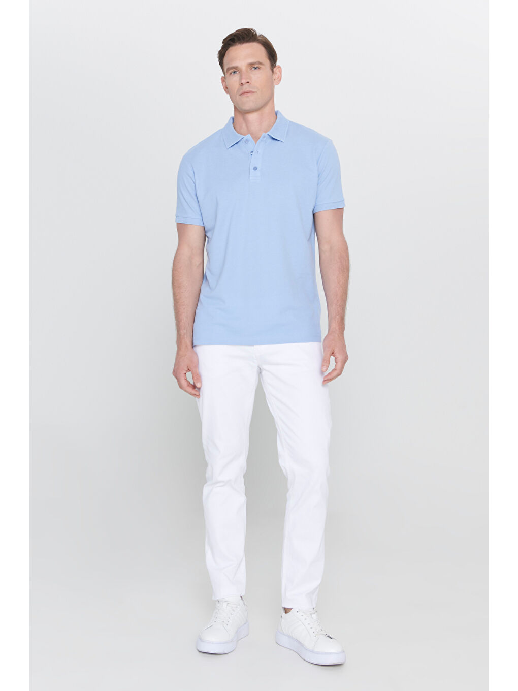 Erkek Açık Mavi Slim Fit Dar Kesim Polo Yaka %100 Pamuk Kısa Kollu Tişört-1