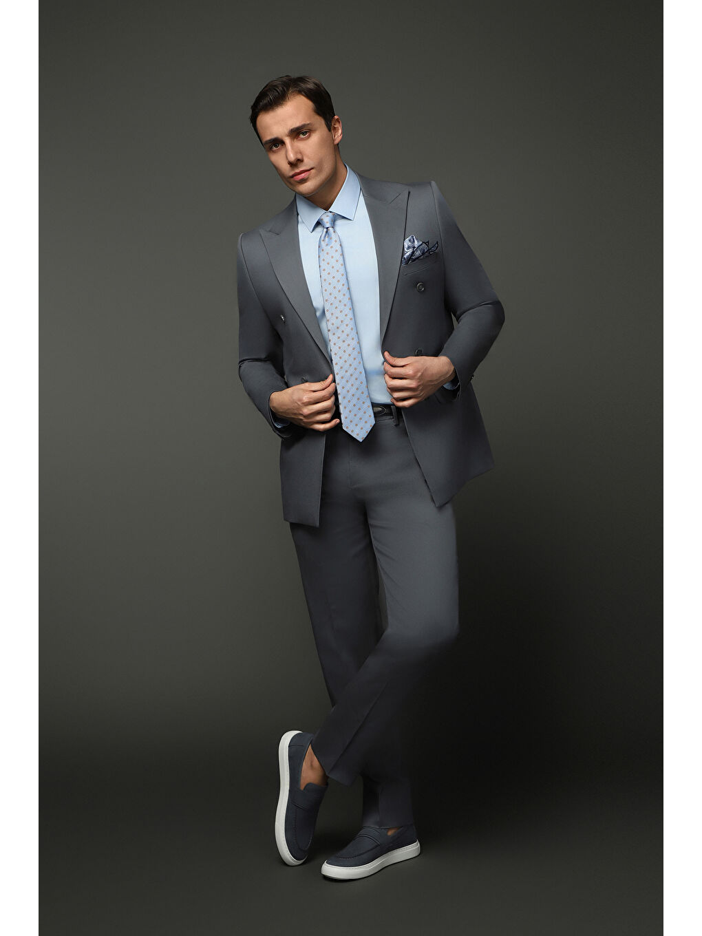 Gri Slim Fit Dar Kesim Pamuklu Lyocell Kruvaze Takım Elbise-2