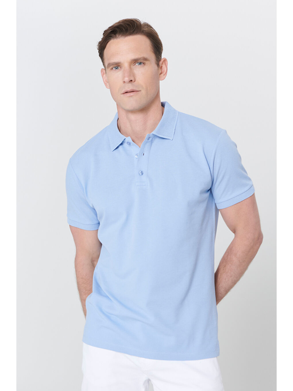 Erkek Açık Mavi Slim Fit Dar Kesim Polo Yaka %100 Pamuk Kısa Kollu Tişört-2