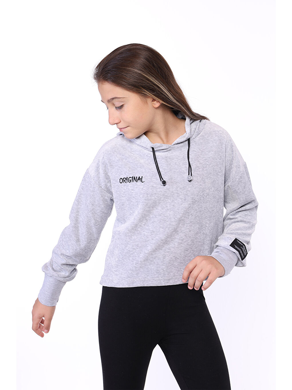 Toontoykids Gri Kız Çocuk Kapüşonlu Kadife Sweatshirt