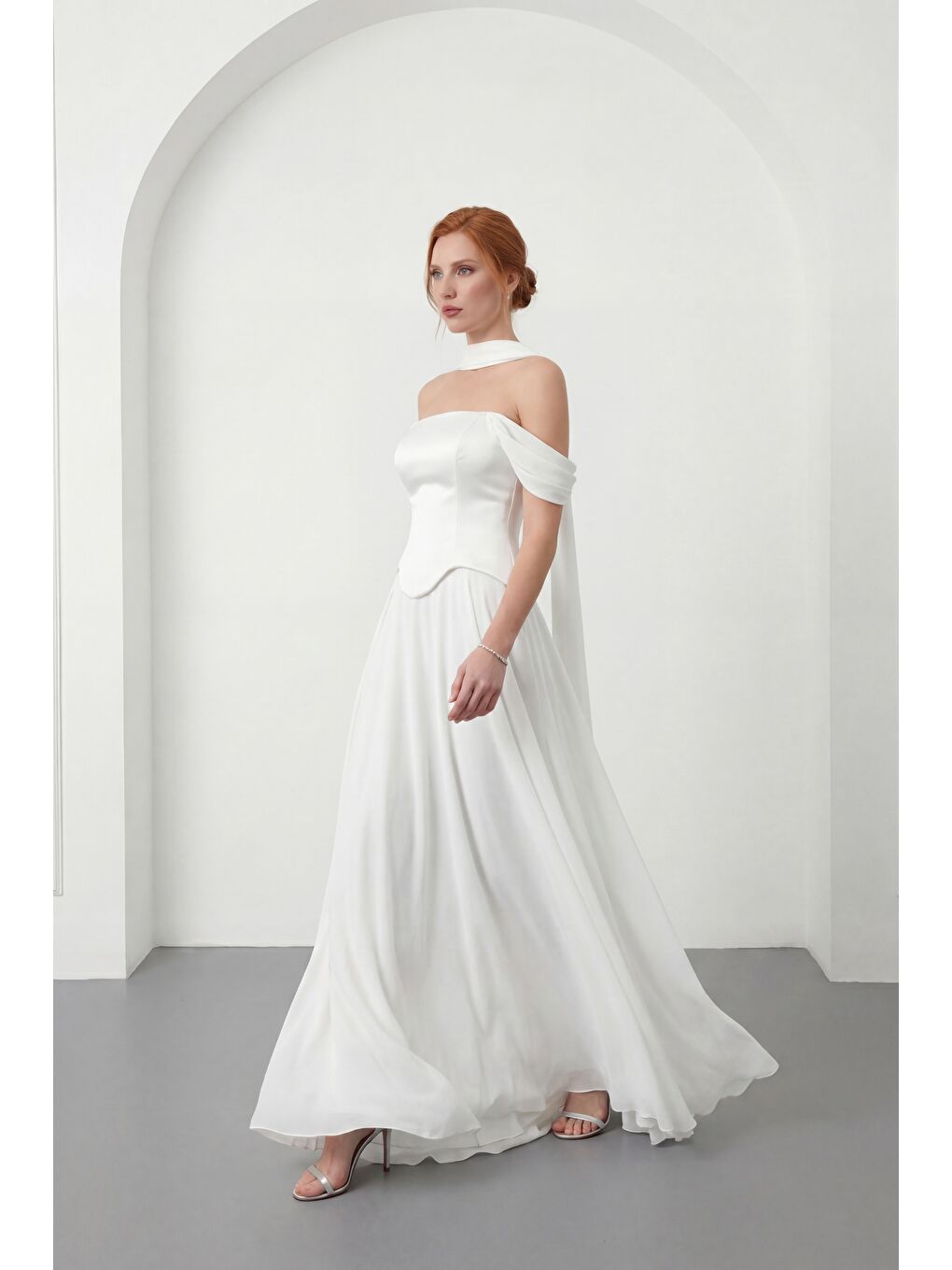 Kadın Beyaz Şal Yaka Straplez Söz Nişan Abiye Elbise-1