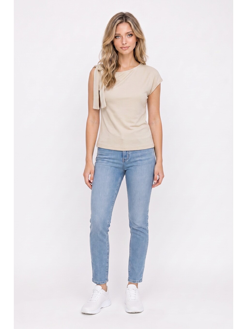 Kadın Slim Fit Dar Kesim Kısa Kollu Kayık Yaka Bej  Bluz-1