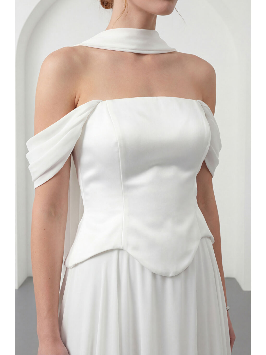 Kadın Beyaz Şal Yaka Straplez Söz Nişan Abiye Elbise-2