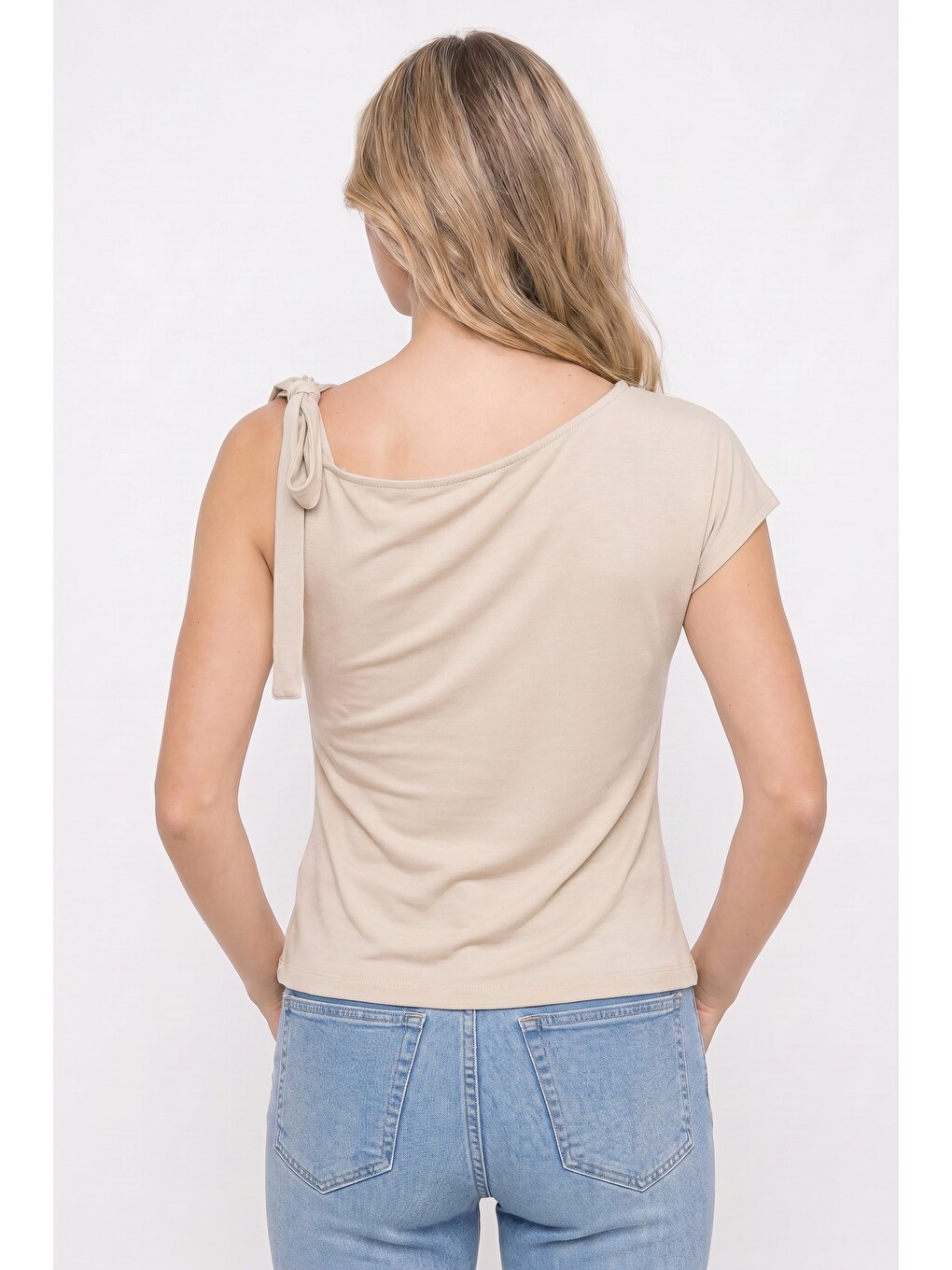 Kadın Slim Fit Dar Kesim Kısa Kollu Kayık Yaka Bej  Bluz-4