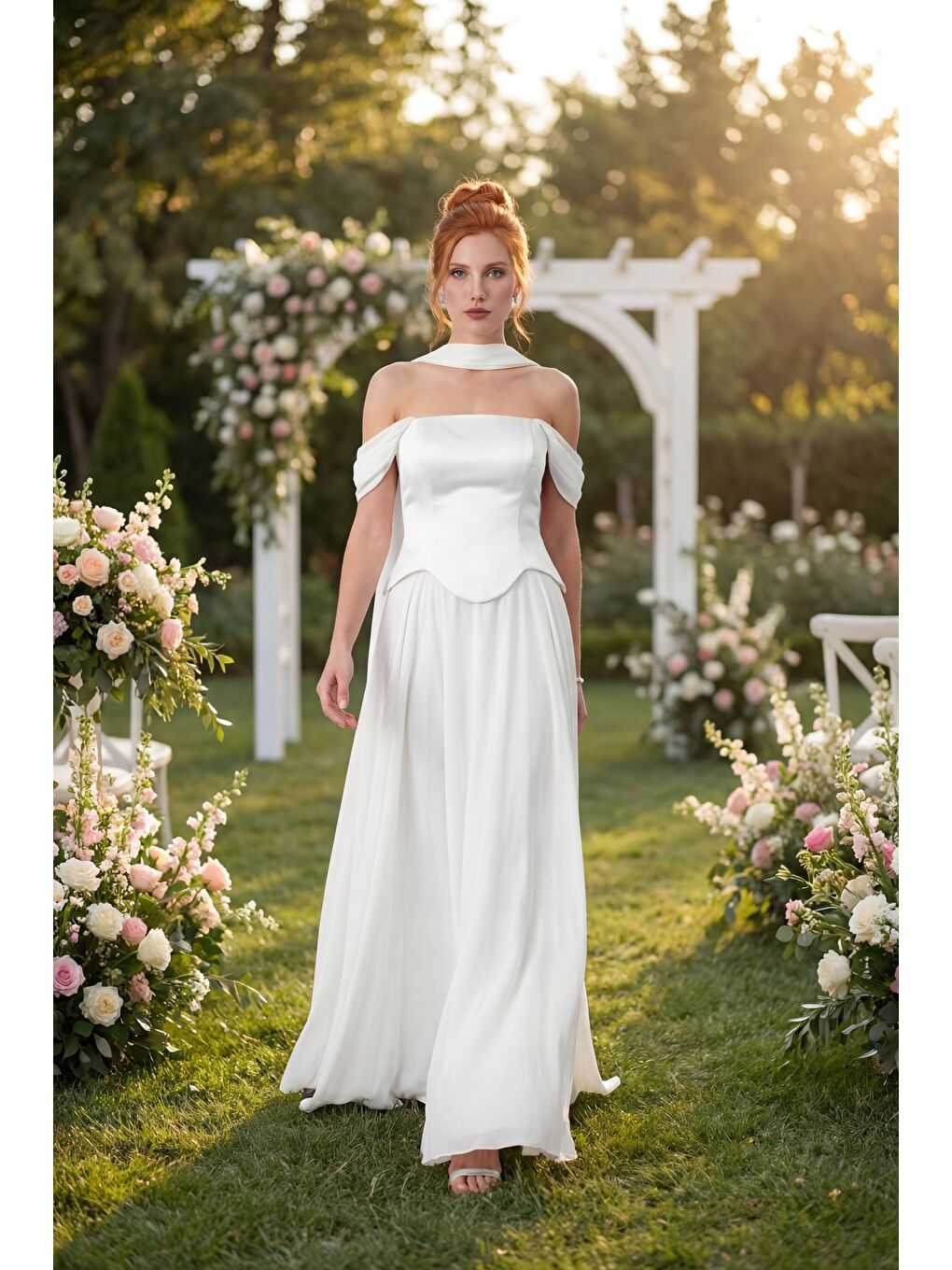 Kadın Beyaz Şal Yaka Straplez Söz Nişan Abiye Elbise-4