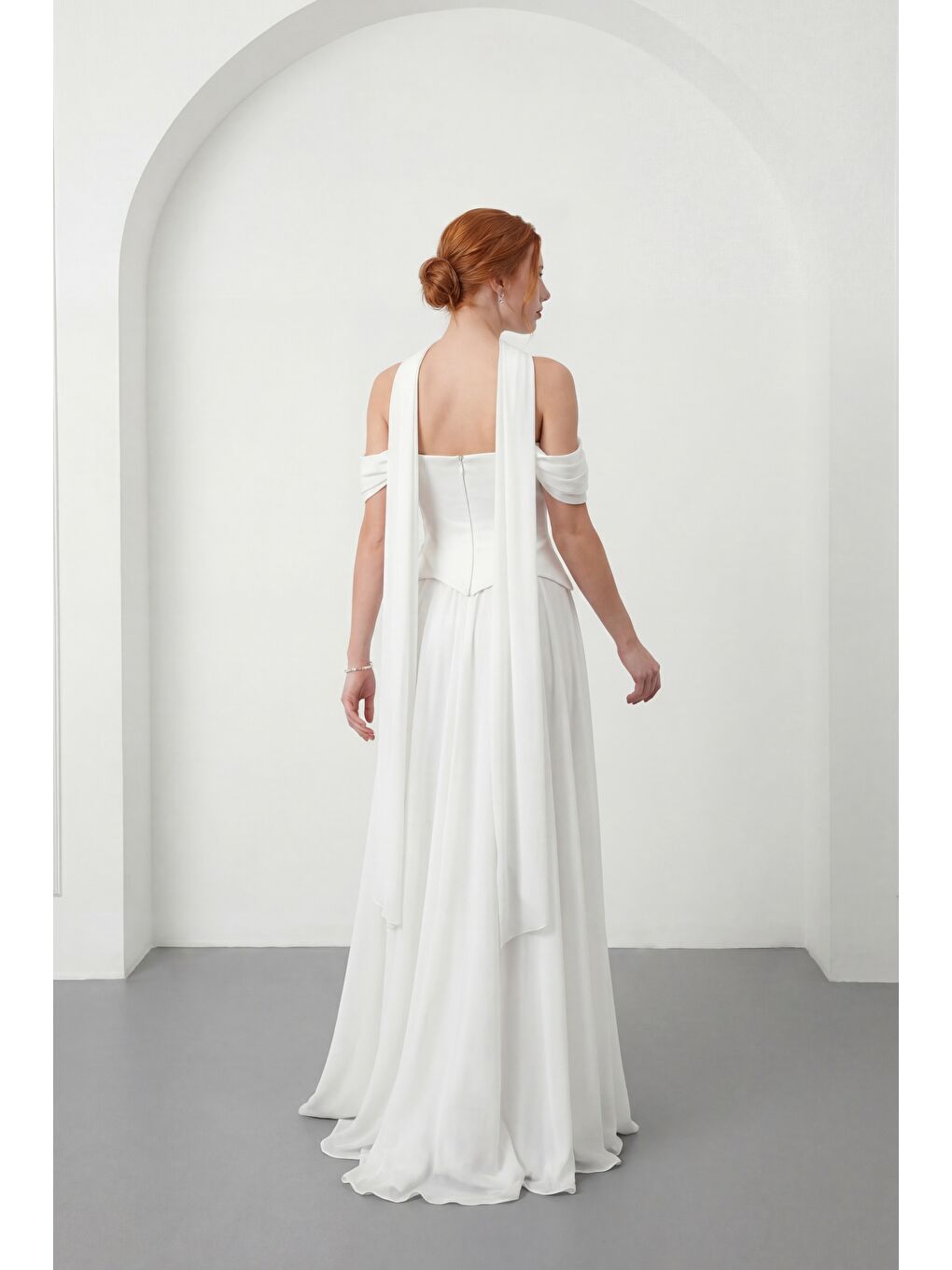 Kadın Beyaz Şal Yaka Straplez Söz Nişan Abiye Elbise-5