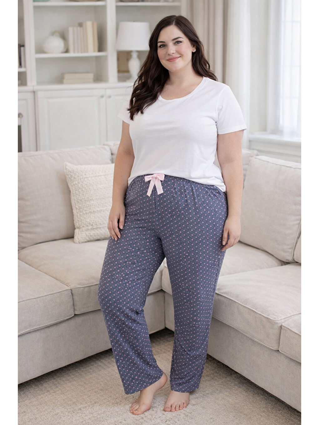 Büyük Beden Kadın Yıldız Desen Viskon Kumaş Penye Battal Tek Pijama Alt 05 İndigo01-1