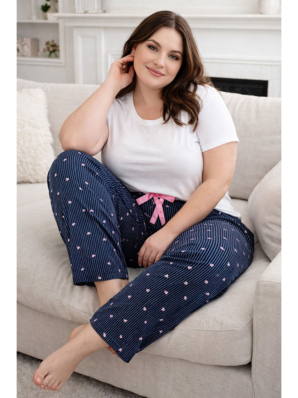 Büyük Beden Kadın Kalp Desen Viskon Kumaş Penye Battal Tek Pijama Alt 06 Lacivert-1