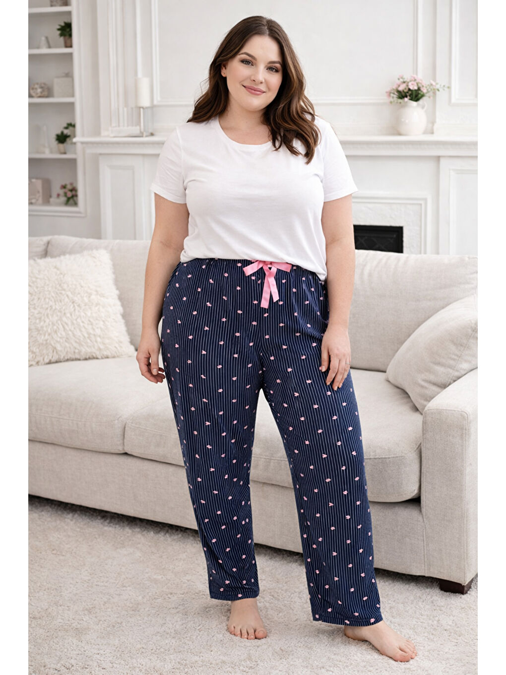 Büyük Beden Kadın Kalp Desen Viskon Kumaş Penye Battal Tek Pijama Alt 06 Lacivert-2