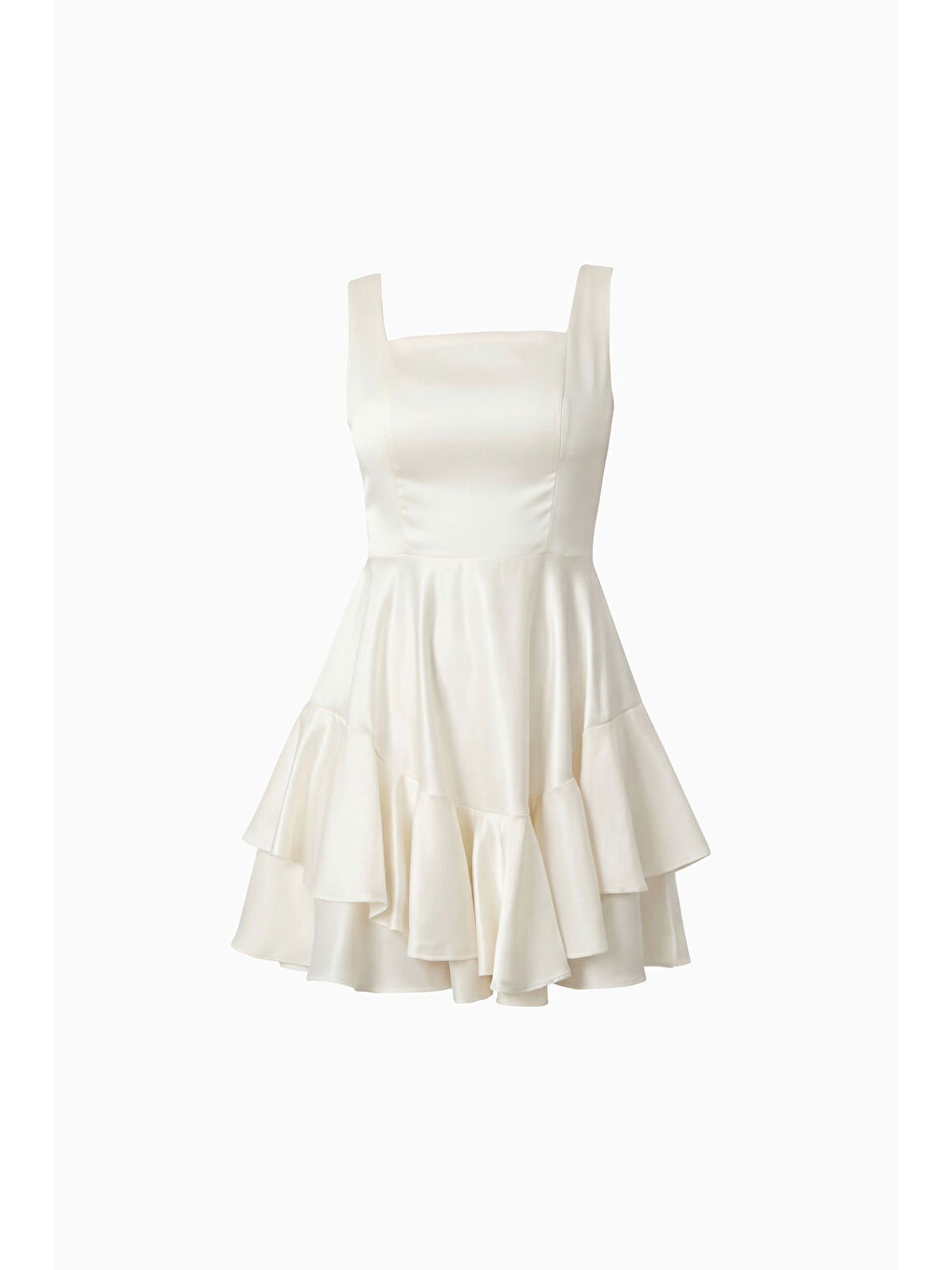 Kadın Beyaz Kare Yaka Fırfırlı Mini Saten Mezuniyet Abiye Elbise-5