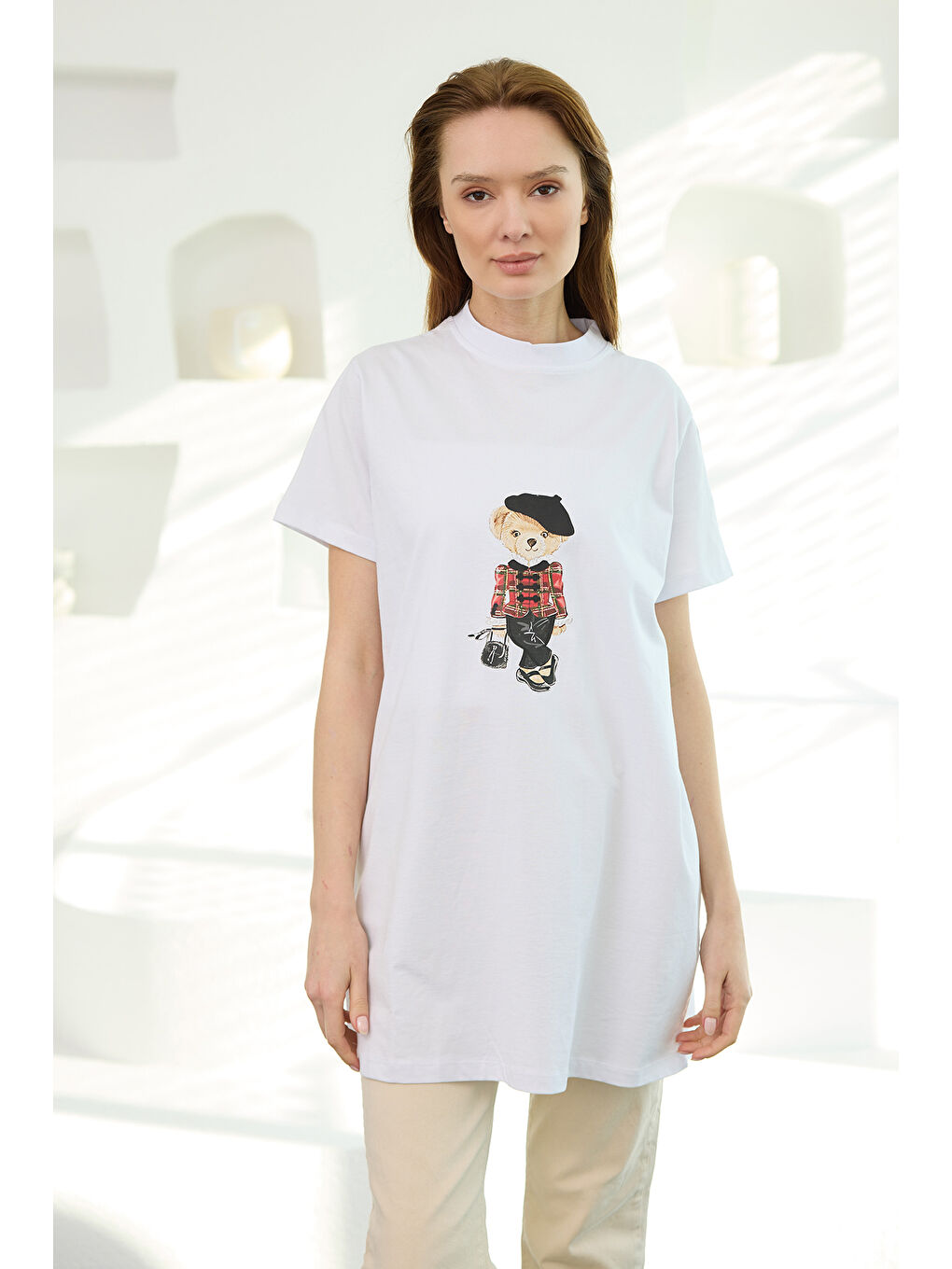 Kadın Ayıcık Baskılı Basic Kısa Kollu İçlik Beyaz-2