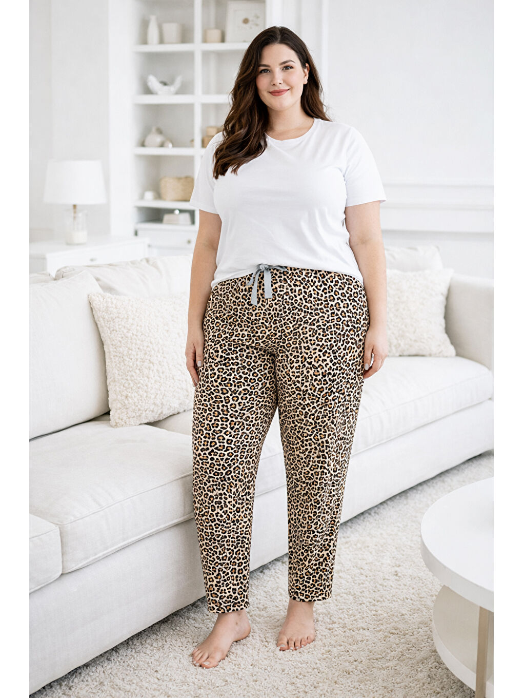 Büyük Beden Kadın Leopar Desen Viskon Kumaş Penye Battal Tek Pijama Alt 06 Kahverengi-2