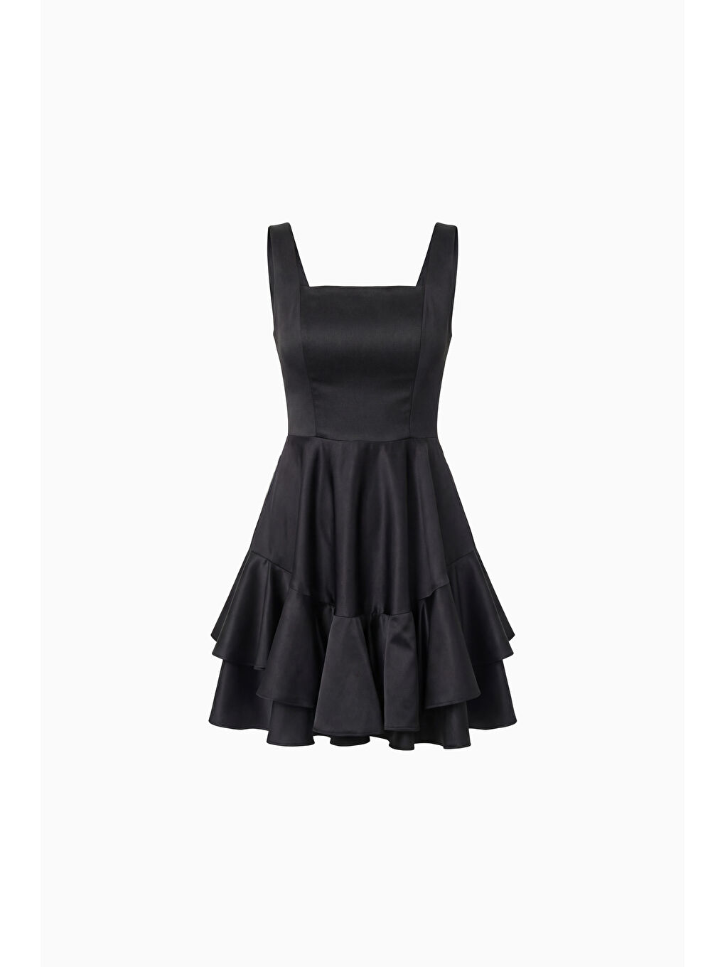 Kadın Siyah Kare Yaka Fırfırlı Mini Saten Mezuniyet Abiye Elbise-5