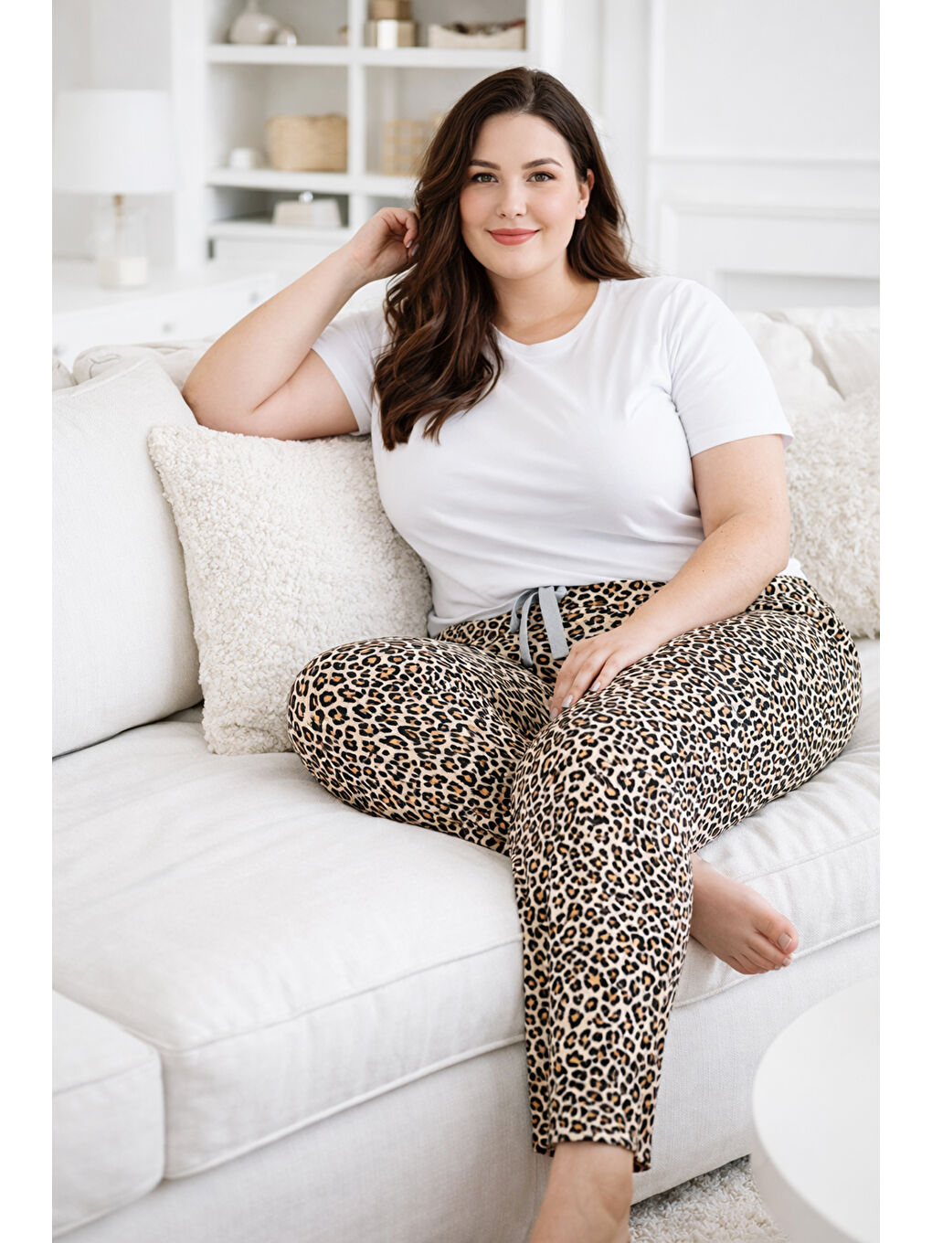 Büyük Beden Kadın Leopar Desen Viskon Kumaş Penye Battal Tek Pijama Alt 06 Kahverengi-3