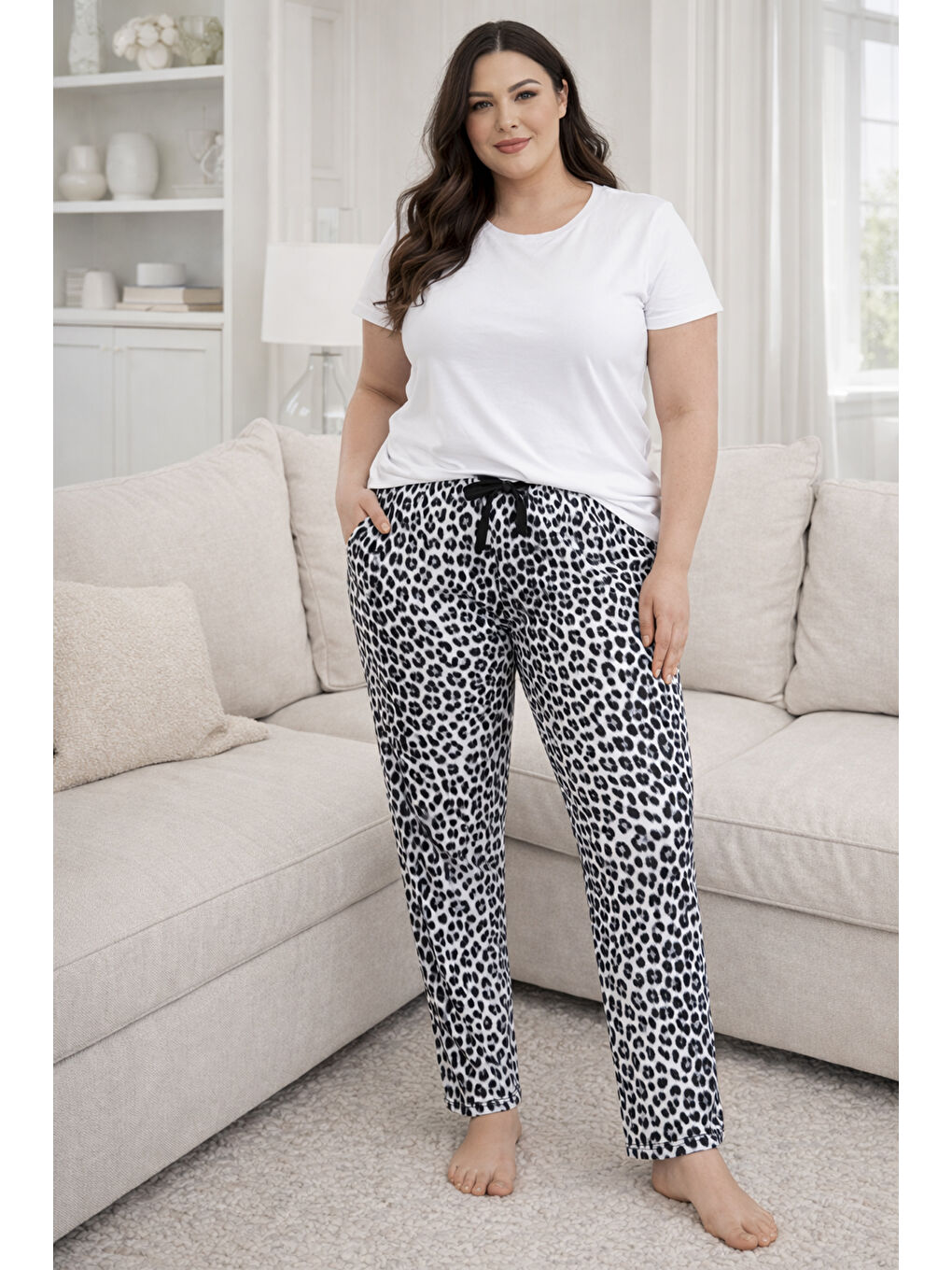 Büyük Beden Kadın Leopar Desen Viskon Kumaş Penye Battal Tek Pijama Alt 08 Siyah-3