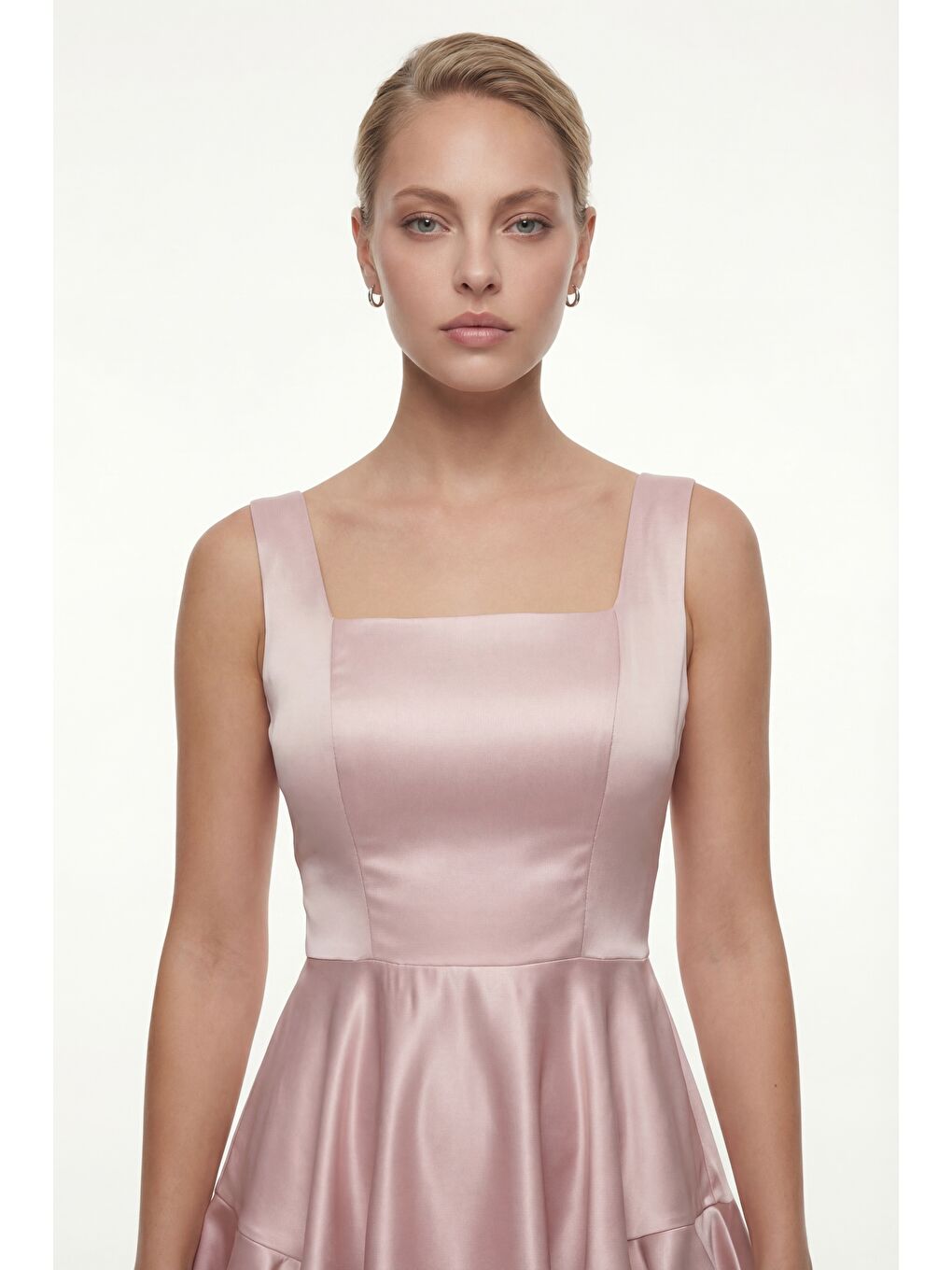 Pembe Kadın Pudra Kare Yaka Fırfırlı Mini Saten Mezuniyet Abiye Elbise-2