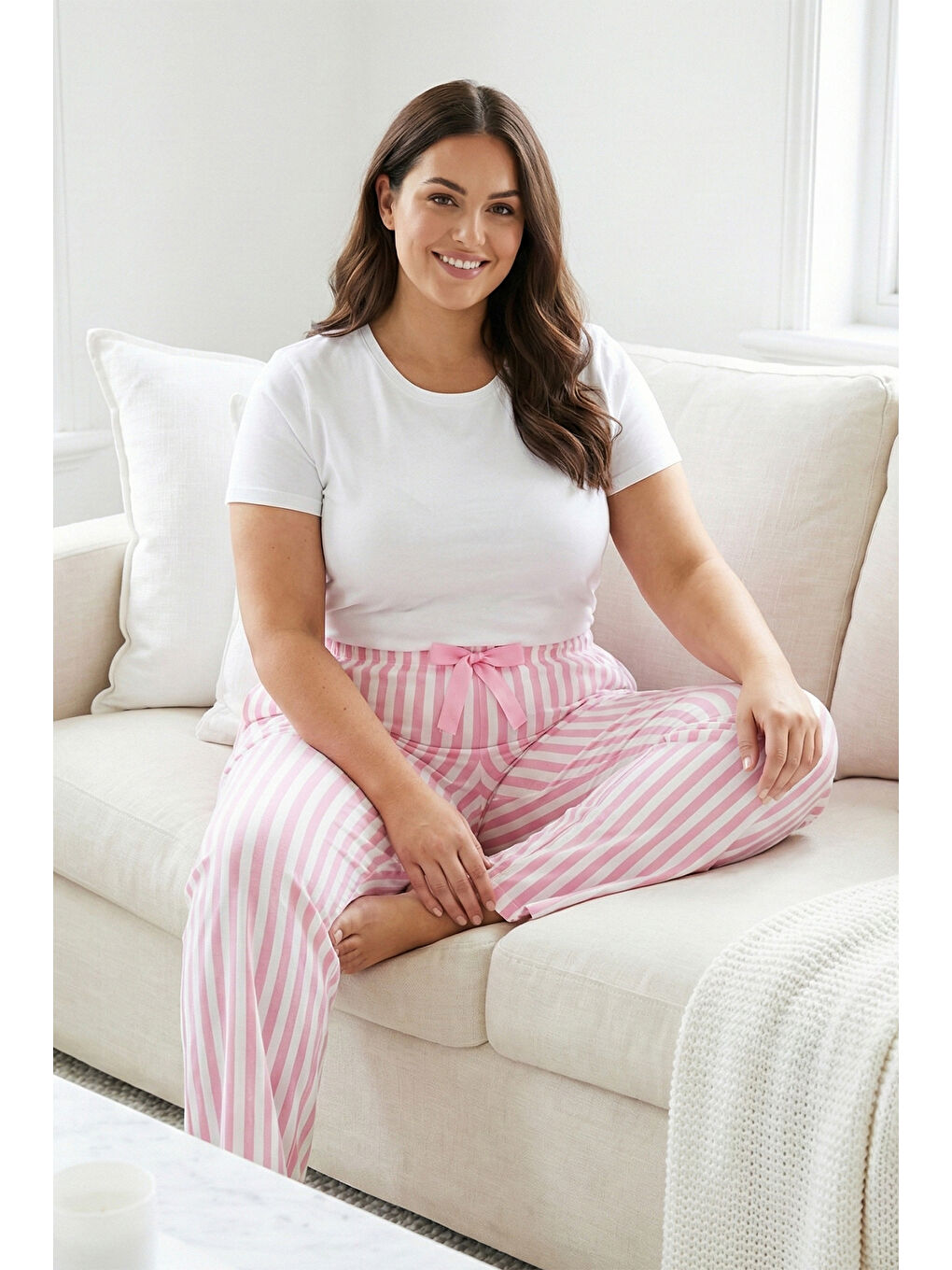 Büyük Beden Kadın Çizgi Desen Viskon Kumaş Penye Battal Tek Pijama Alt 11 Pembe-2