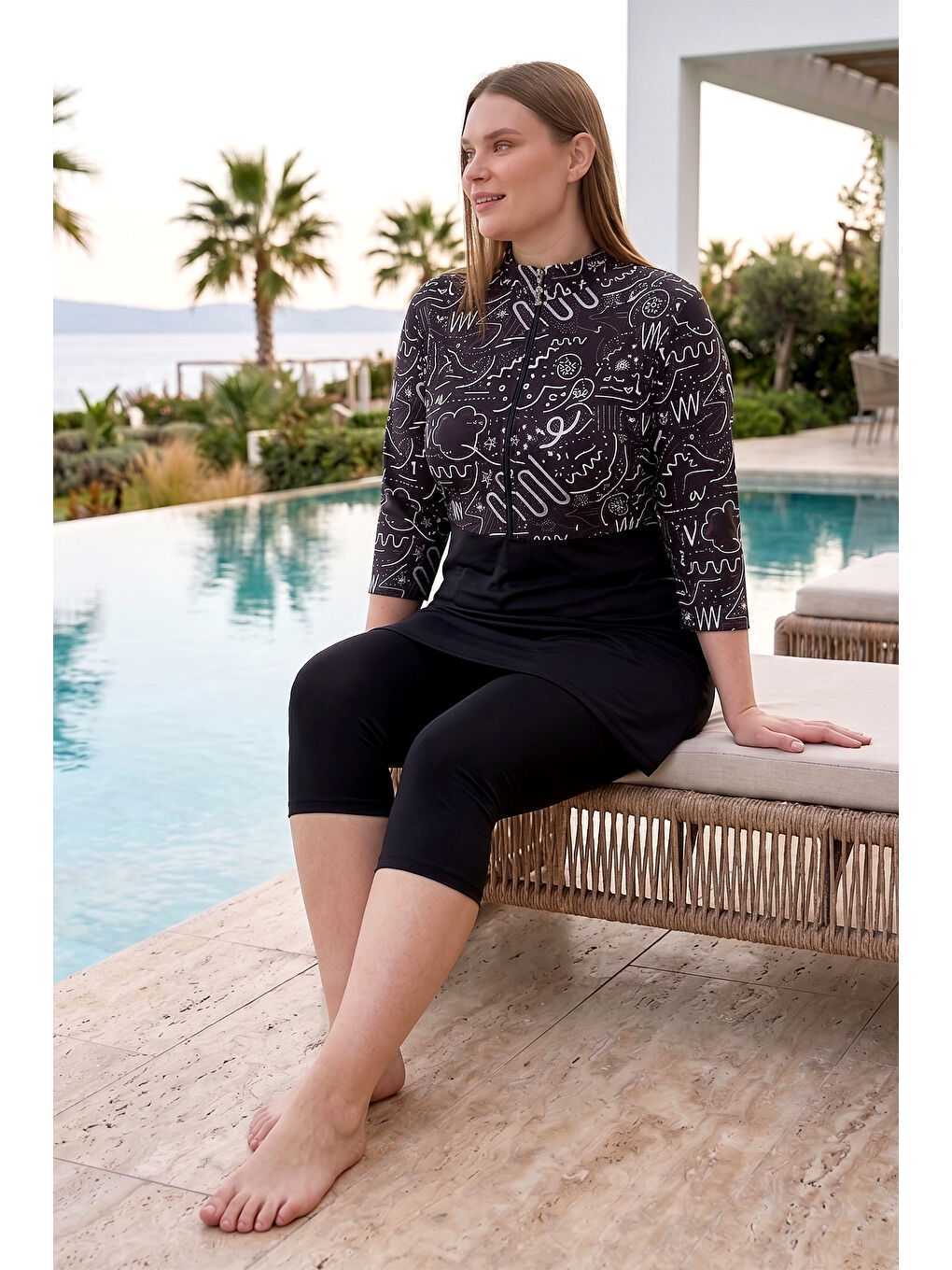 Büyük Beden Kısa Kollu Taytlı Elastanlı Truvakar Kol Yarı Kapalı Mayo 2311 Siyah01