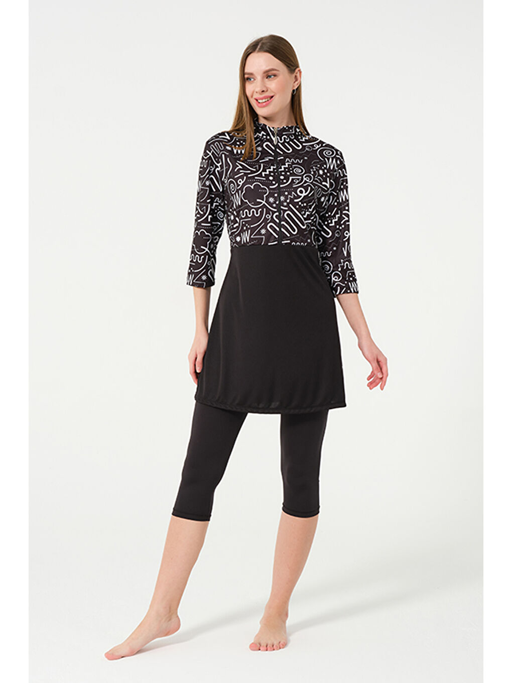 Büyük Beden Kısa Kollu Taytlı Elastanlı Truvakar Kol Yarı Kapalı Mayo 2311 Siyah01-1