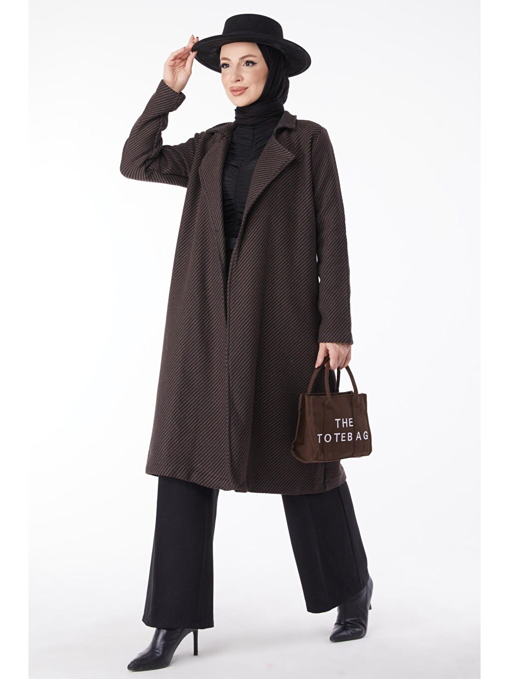 Ceket Yaka Kadın Kahverengi Kuşaklı Kaşe Kaban - 13115