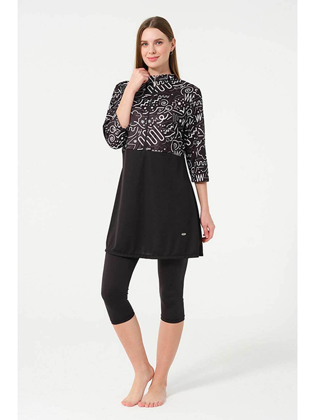 Büyük Beden Kısa Kollu Taytlı Elastanlı Truvakar Kol Yarı Kapalı Mayo 2311 Siyah01-2