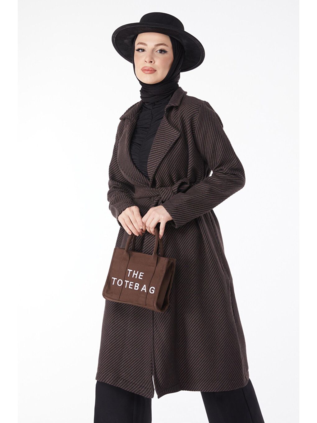 Ceket Yaka Kadın Kahverengi Kuşaklı Kaşe Kaban - 13115-1