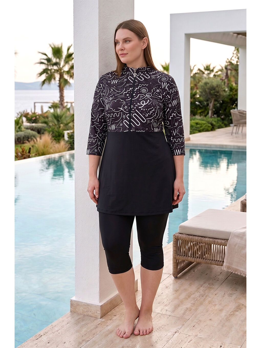 Büyük Beden Kısa Kollu Taytlı Elastanlı Truvakar Kol Yarı Kapalı Mayo 2311 Siyah01-3