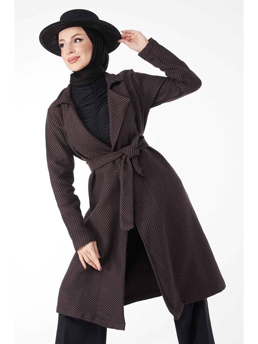 Ceket Yaka Kadın Kahverengi Kuşaklı Kaşe Kaban - 13115-2