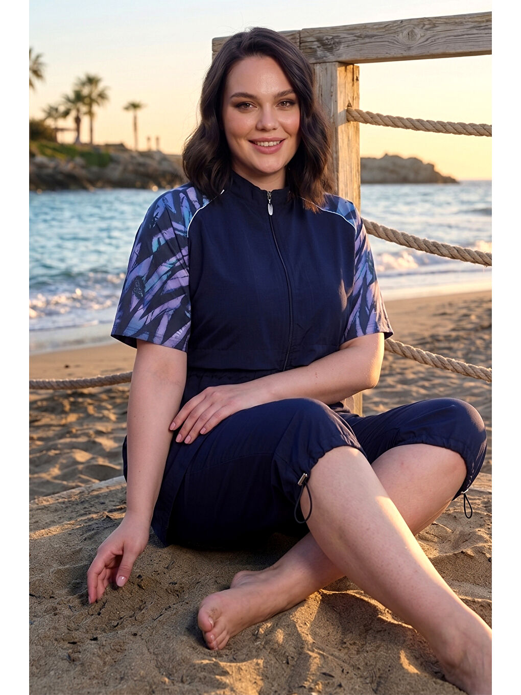 Büyük Beden Spor Elastan Kısa Kollu Yarı Kapalı Mayo 3418 Koyu Lacivert-1