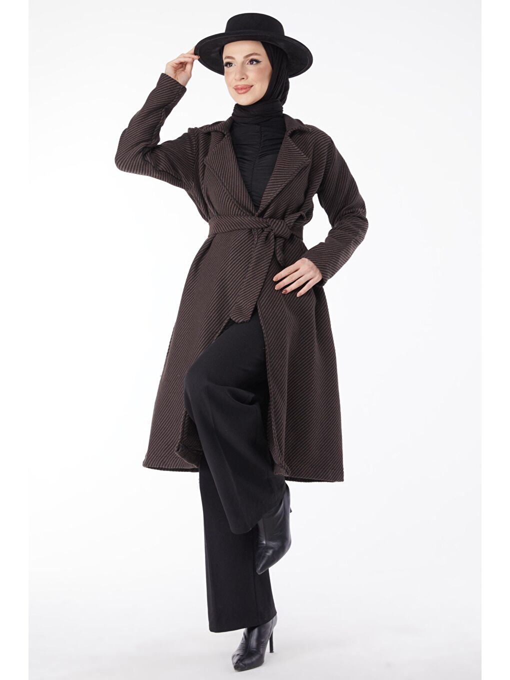 Ceket Yaka Kadın Kahverengi Kuşaklı Kaşe Kaban - 13115-3