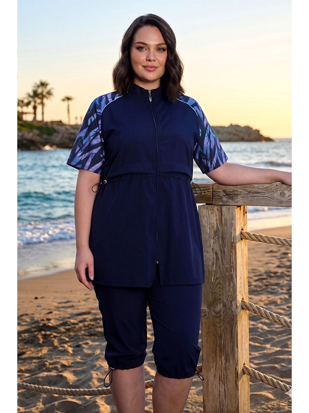 Büyük Beden Spor Elastan Kısa Kollu Yarı Kapalı Mayo 3418 Koyu Lacivert-2