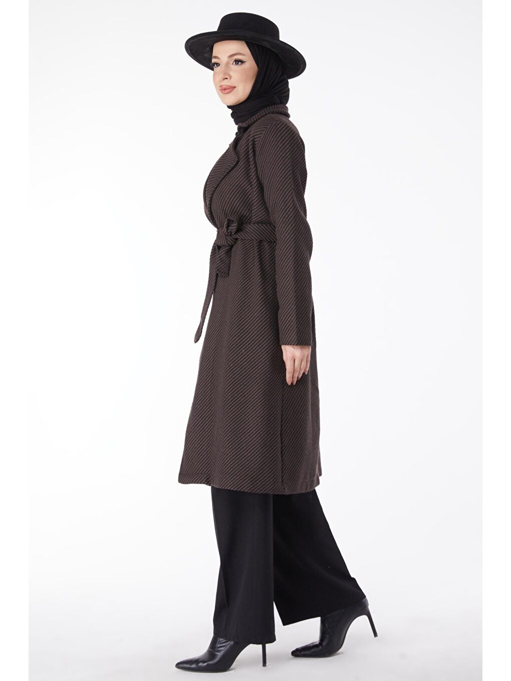 Ceket Yaka Kadın Kahverengi Kuşaklı Kaşe Kaban - 13115-4