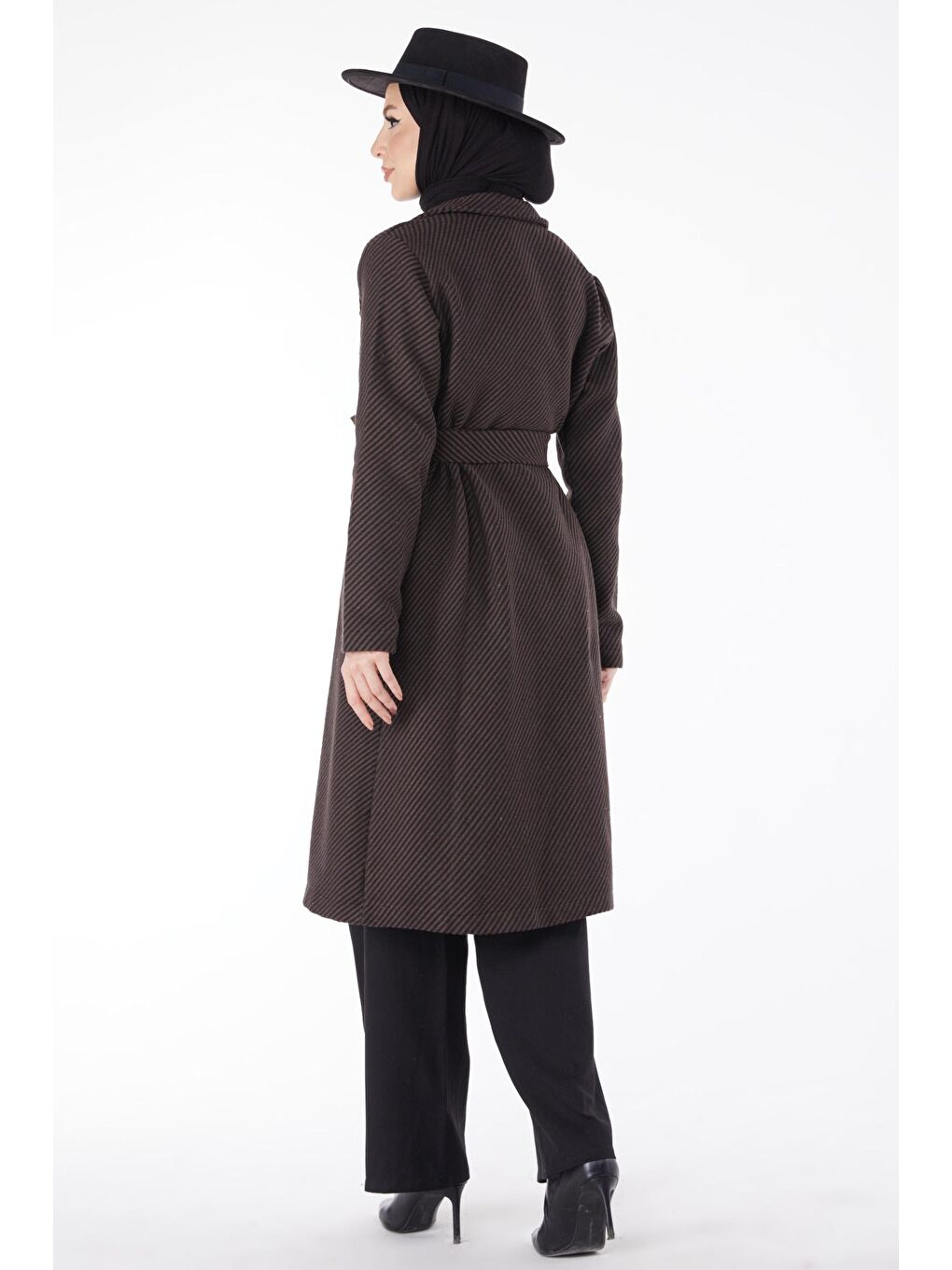 Ceket Yaka Kadın Kahverengi Kuşaklı Kaşe Kaban - 13115-5