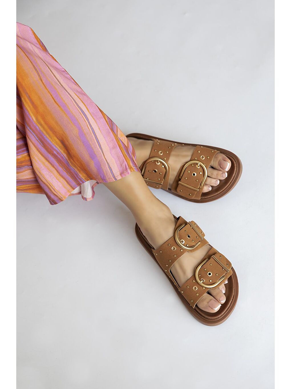 Kahverengi Pella Kadın Drop Detay Günlük Süet Konfor Terlik Taba