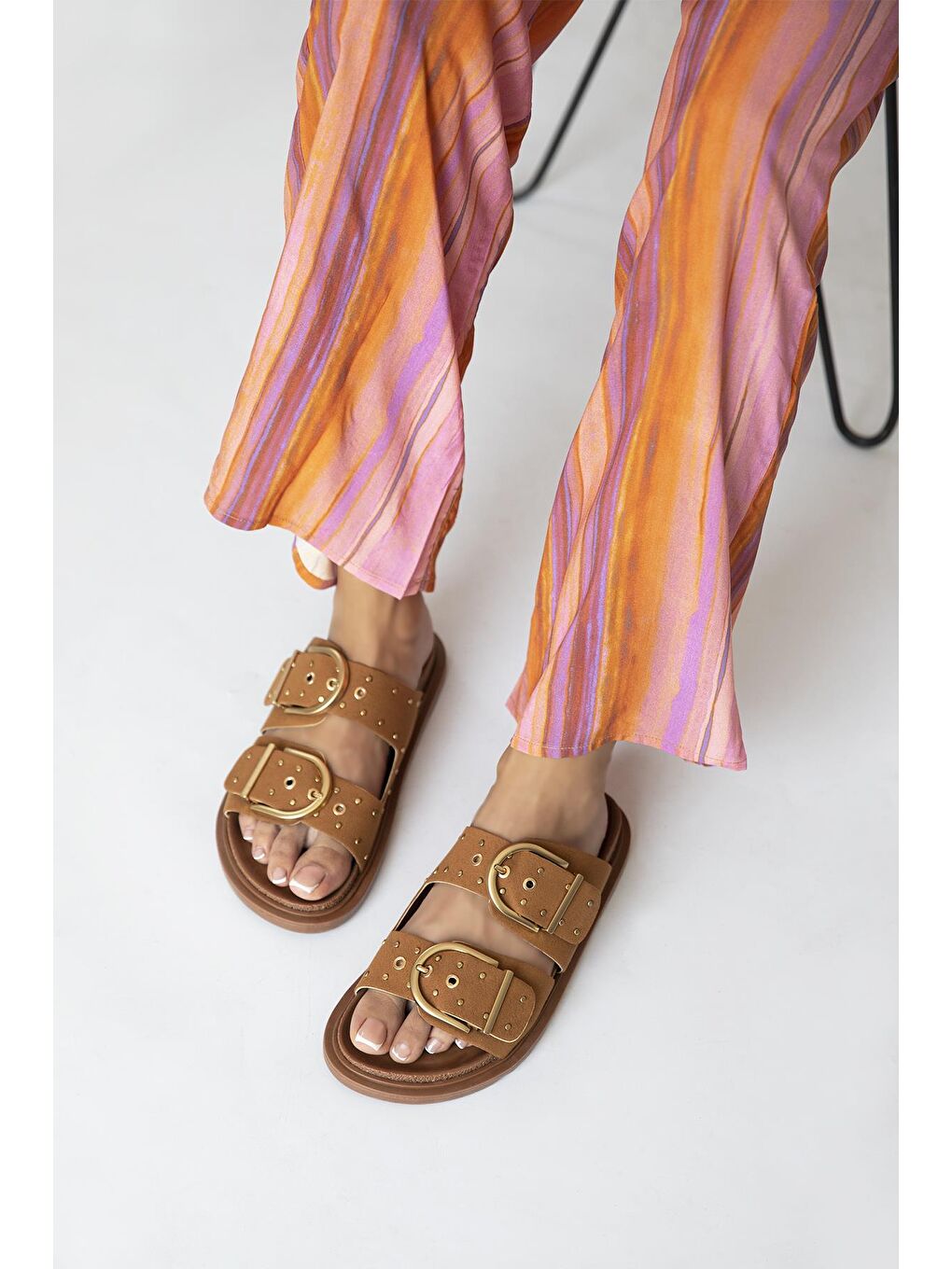 Kahverengi Pella Kadın Drop Detay Günlük Süet Konfor Terlik Taba-1