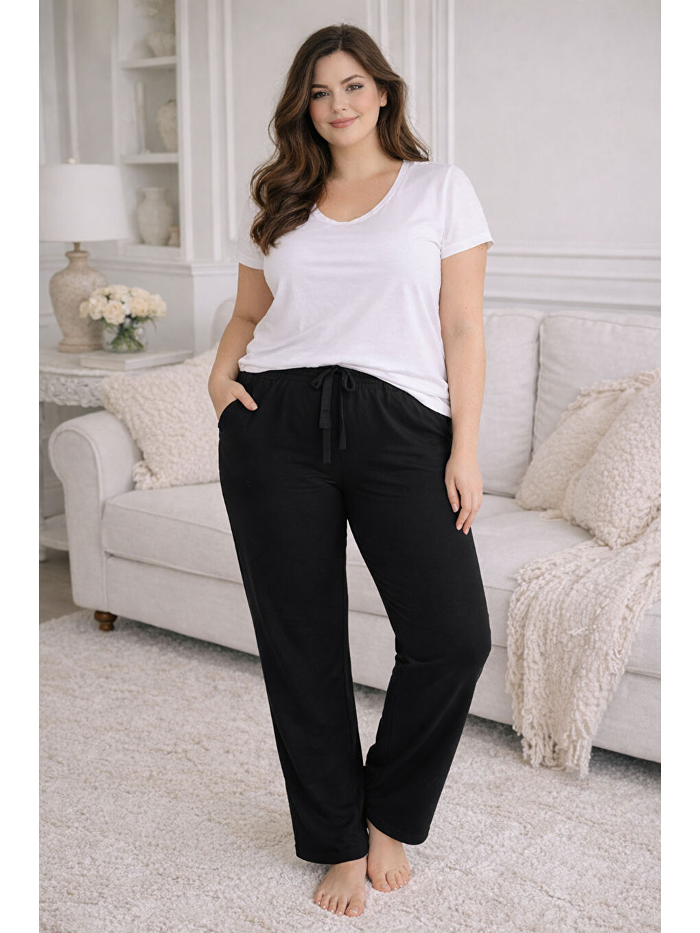 Büyük Beden Kadın Viskon Kumaş Penye Battal Tek Pijama Alt 16 Siyah02