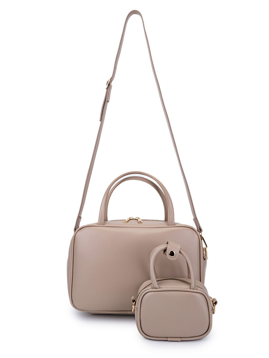 Bej Twins Suni Deri İkili Kadın Çapraz Çanta Vizon-1