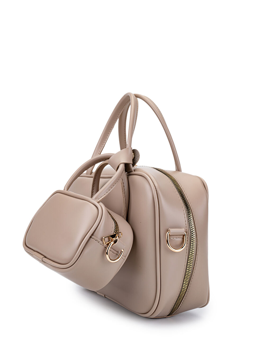 Bej Twins Suni Deri İkili Kadın Çapraz Çanta Vizon-2