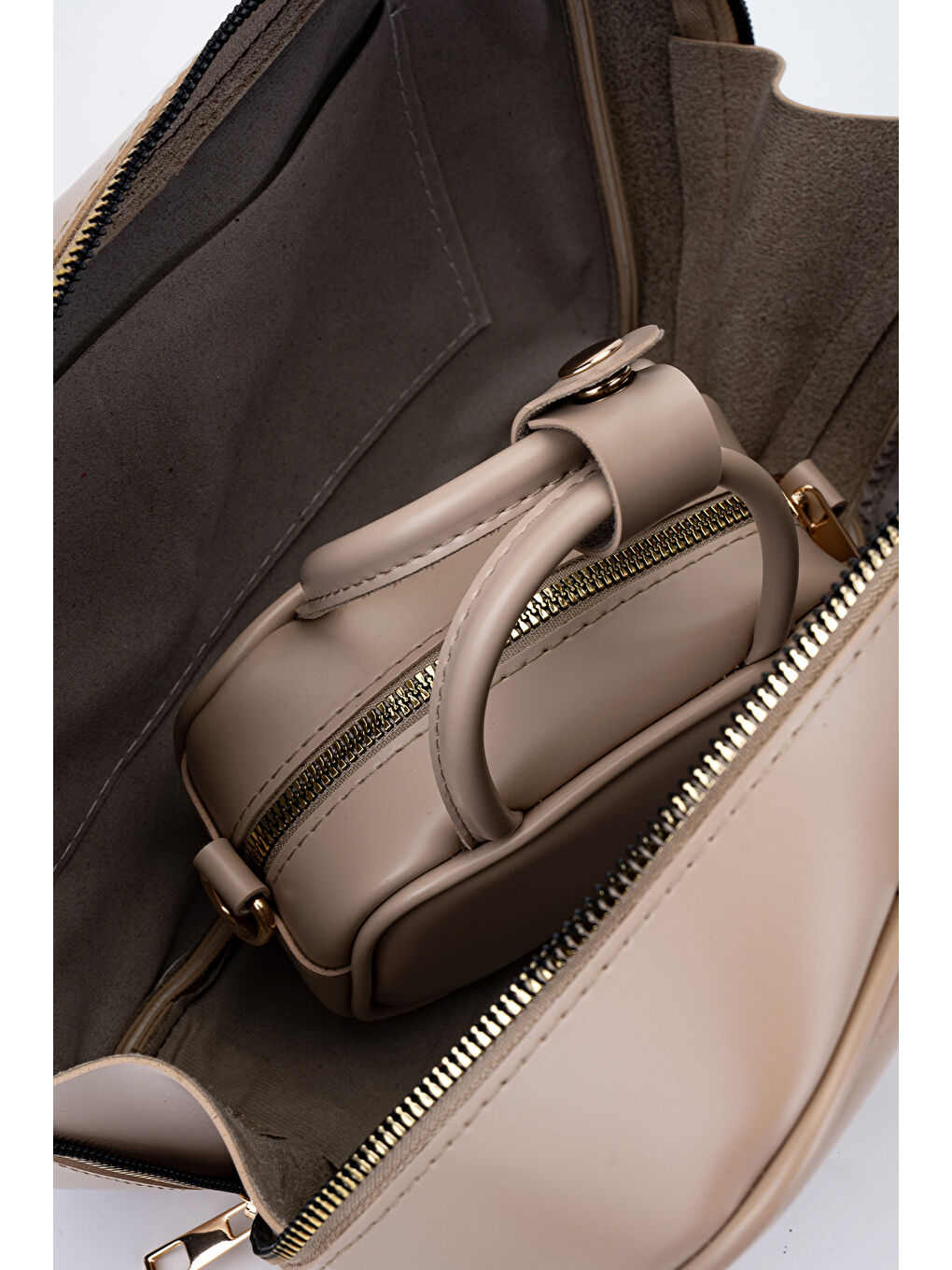 Bej Twins Suni Deri İkili Kadın Çapraz Çanta Vizon-8