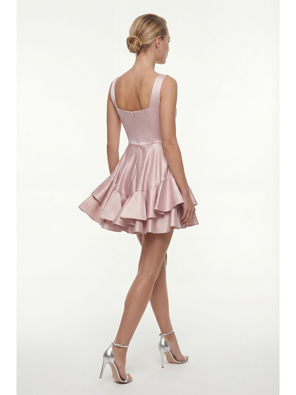 Pembe Kadın Pudra Kare Yaka Fırfırlı Mini Saten Mezuniyet Abiye Elbise-5