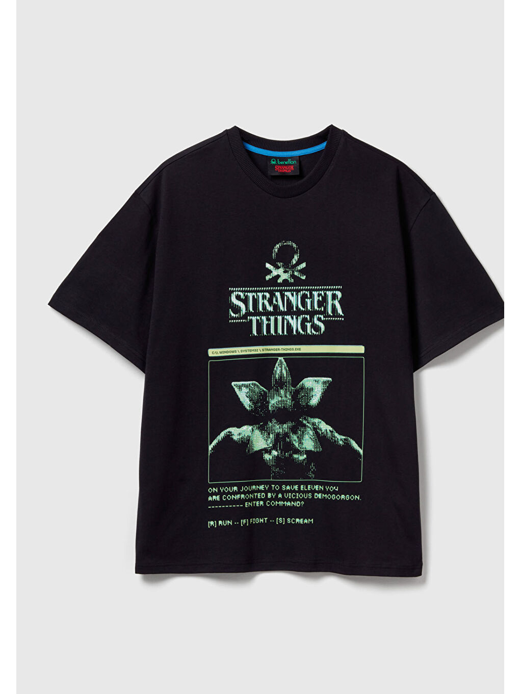 Erkek Siyah-Yeşil %100 Pamuk Regular Fit Stranger Things Baskılı T-Shirt-1