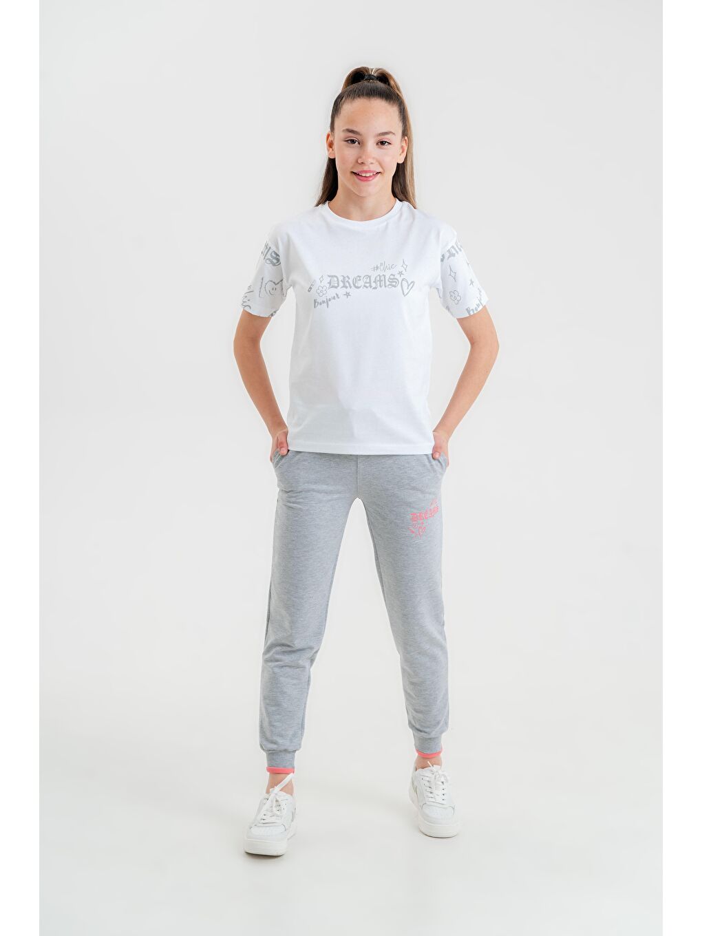 Mışıl Kids Gri Dreams Bonjour Baskılı Kız Çocuk T-shirt Eşofman Altı Alt Üst Takımı