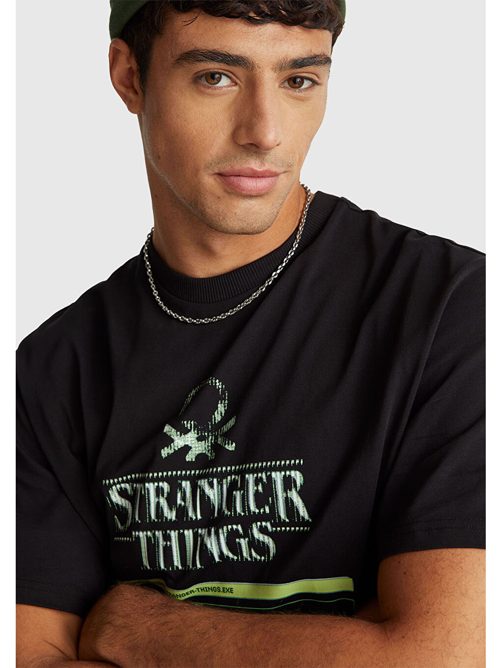 Erkek Siyah-Yeşil %100 Pamuk Regular Fit Stranger Things Baskılı T-Shirt-5