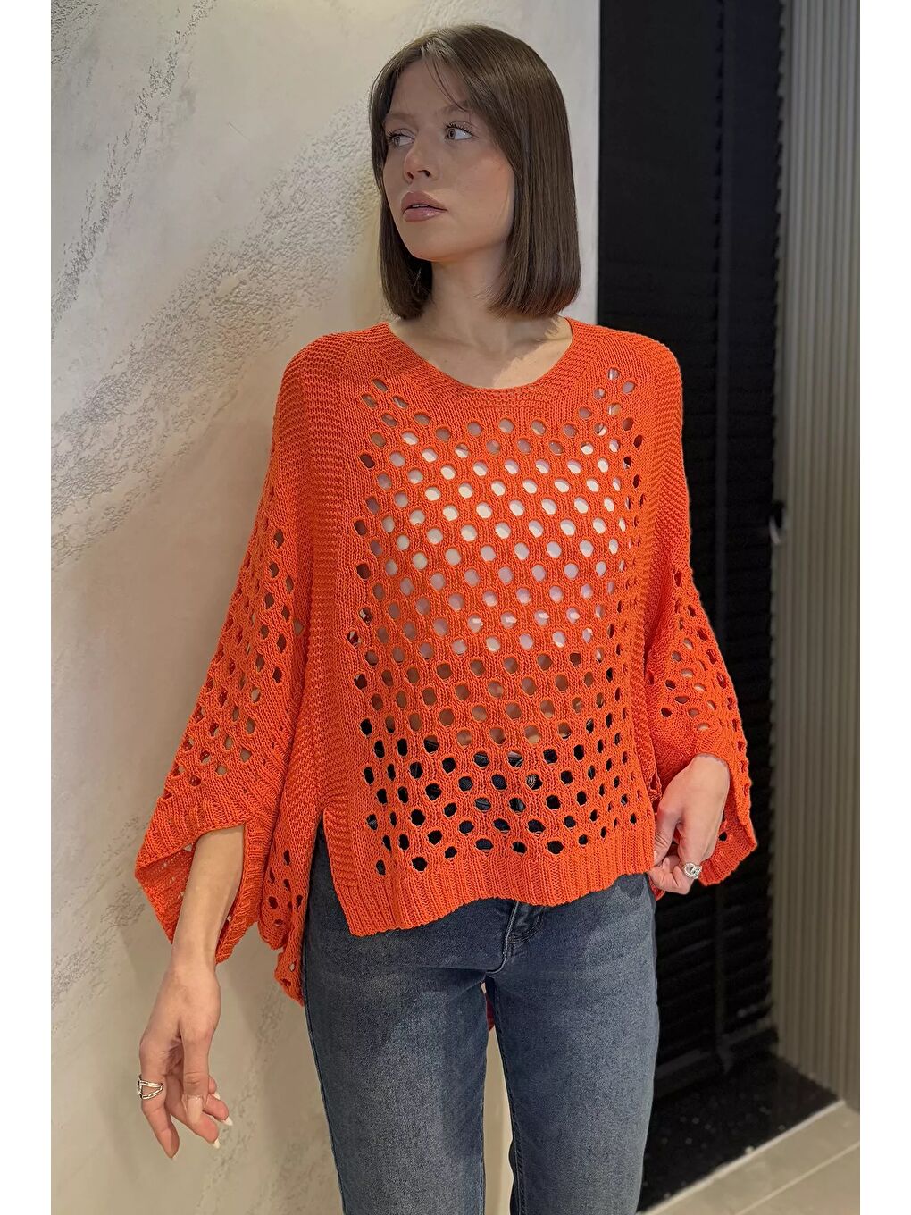 Turuncu Ajurlu Kadın Triko Bluz-1