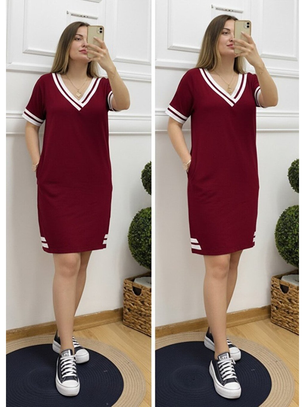 Bordo Kadın Kısa Kollu V Yaka Ribana Detaylı Cepli Dizüstü Viskon Elbise