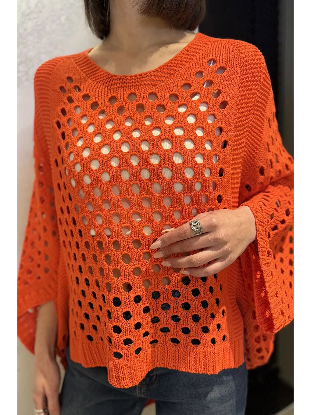Turuncu Ajurlu Kadın Triko Bluz-3