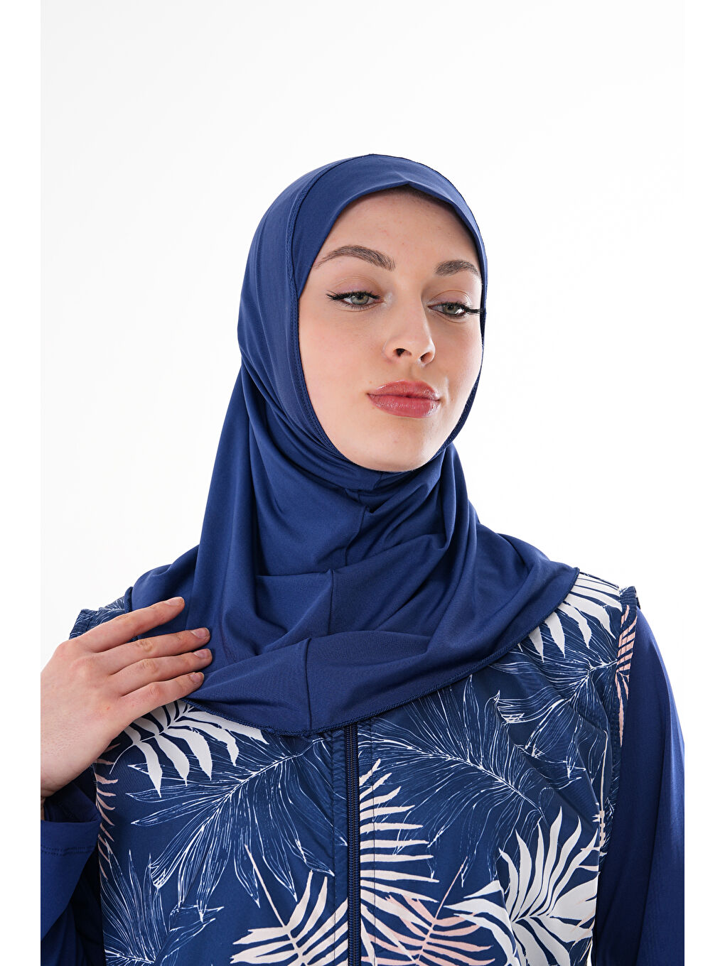 Lacivert Esnek Kumaş Boynu Kapatan Eşarp Tesettür Mayo Bonesi SB549-1