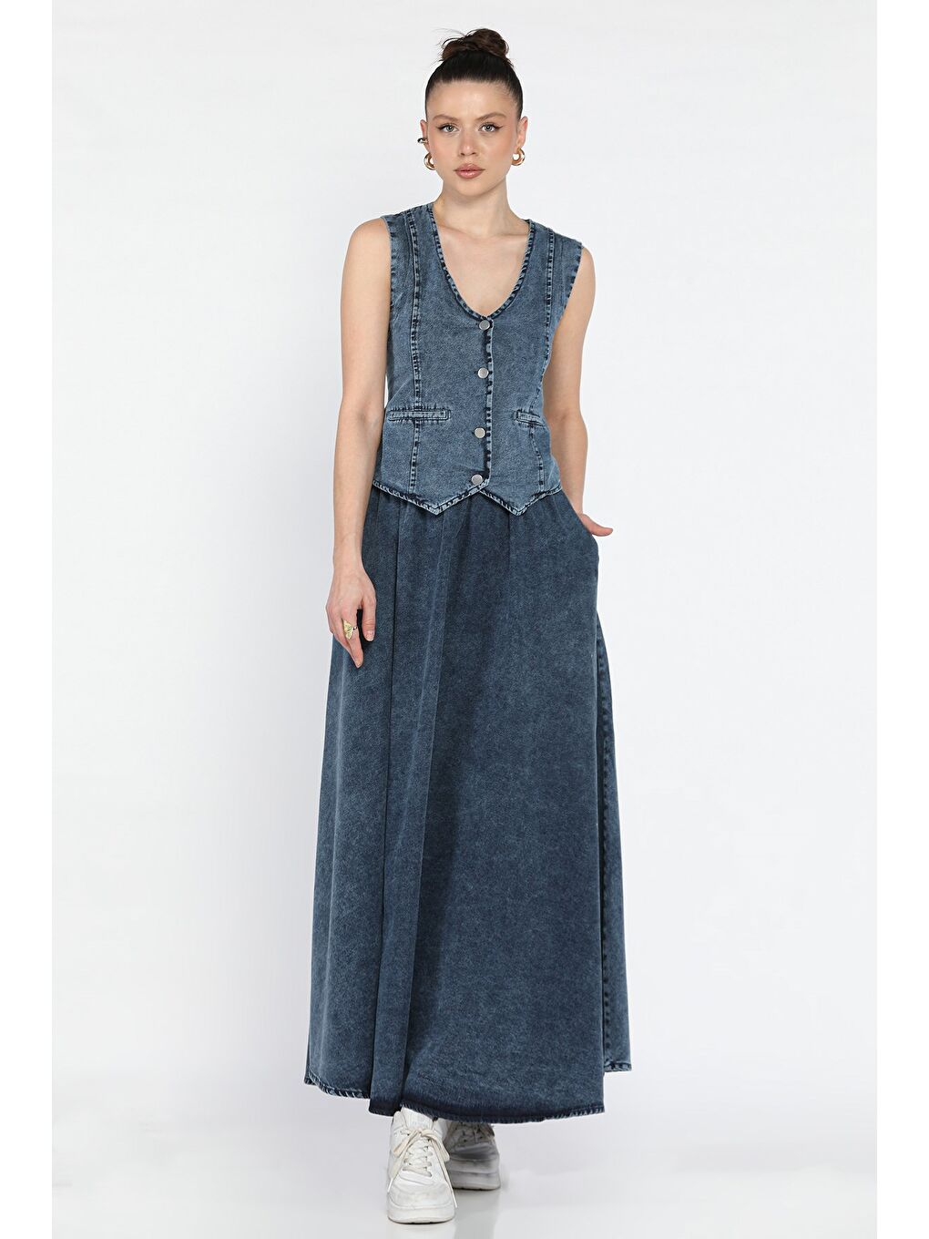 Mavi Kadın Cepli Etek Yelek Jean İkili Takım-1